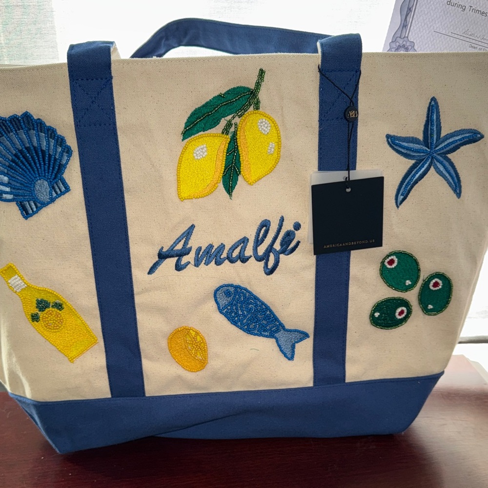 Amalfi Embroidered Canvas Tote Bag in Blue and Cream